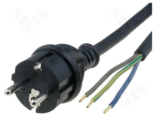 Cable; CEE 7/7 (E/F) plug,wires; 5m; black; rubber; 3x1mm2; 10A
