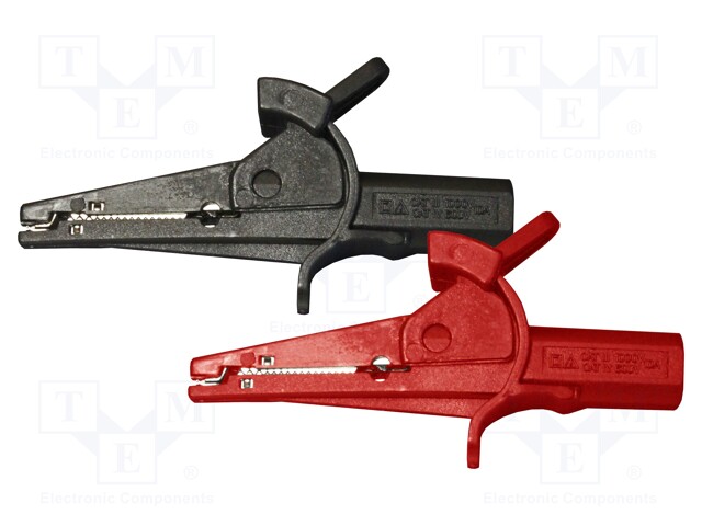 Crocodile clip; 10A; black,red; Grip capac: max.25mm; 1kV; L: 100mm