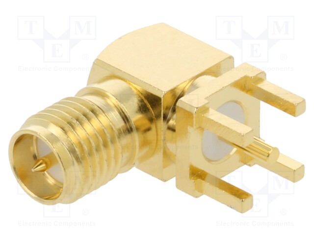 Socket; RP-SMA; female; angled 90°; THT; on PCBs; PTFE; gold-plated