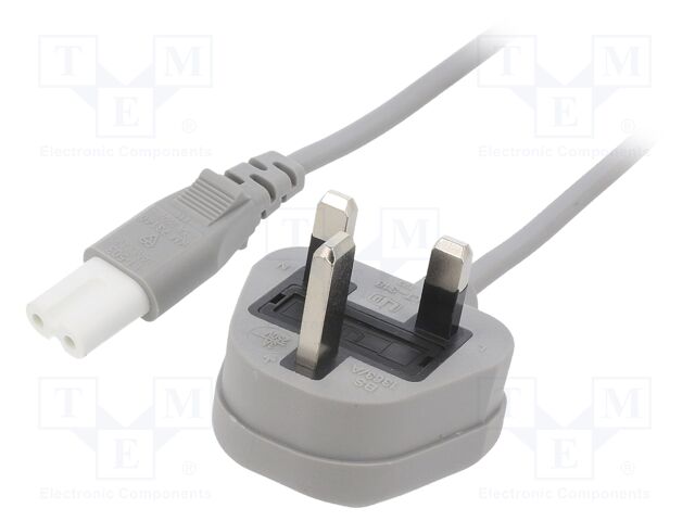 Cable; BS 1363 (G) plug,IEC C7 female; PVC; 1m; grey; 2x0,75mm2