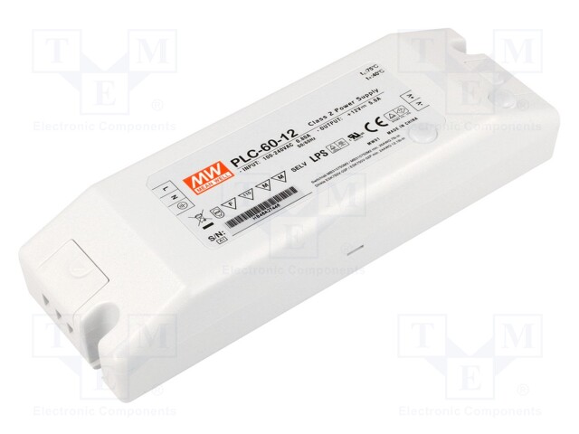 Power supply: switched-mode; LED; 60W; 12VDC; 8.4÷12VDC; 5A; IP20