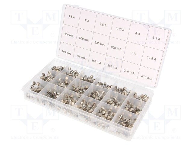 Kit contents: fuses; fuse; 5x20mm; No.of val: 18; 360pcs; brass