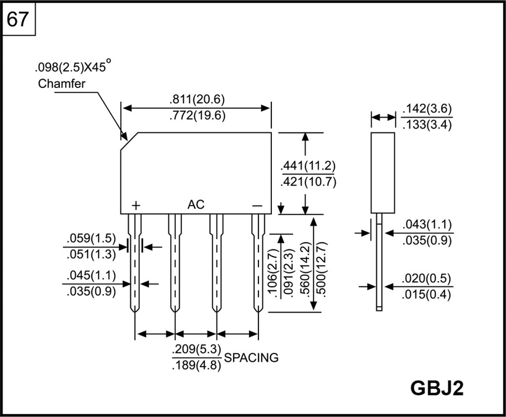 Bridge rectifier: one-phase; Urmax: 100V; Ifsm: 150A; GBJ2; If: 6A