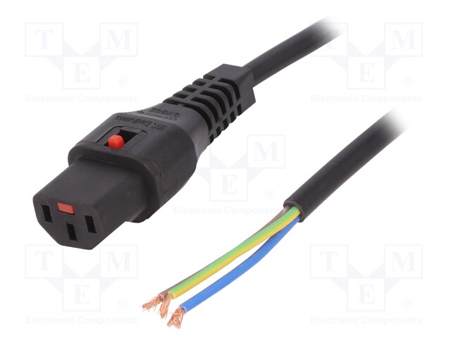 Cable; IEC C13 female,wires; 2m; with locking; black; PVC; 10A