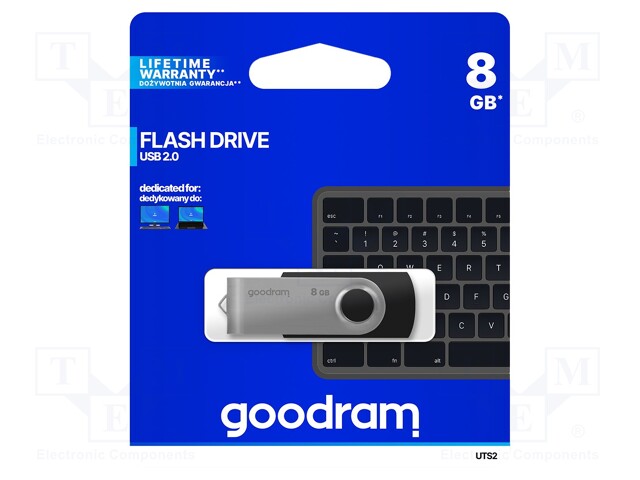 Pendrive; USB 2.0; 8GB; Read: 20MB/s; Write: 5MB/s; Colour: black