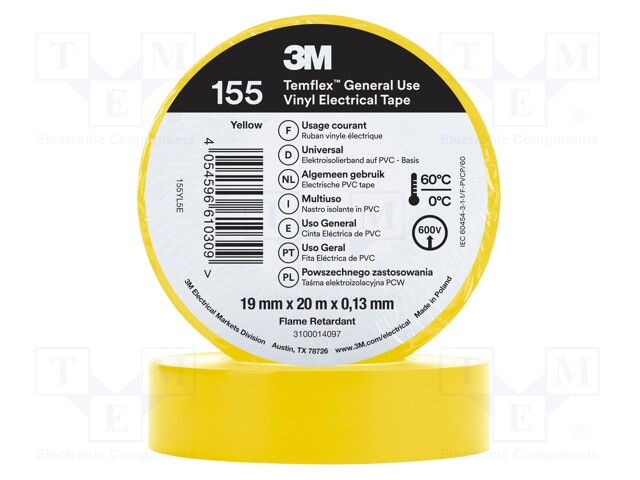 Tape: electrical insulating; W: 19mm; L: 20m; Thk: 0.13mm; yellow