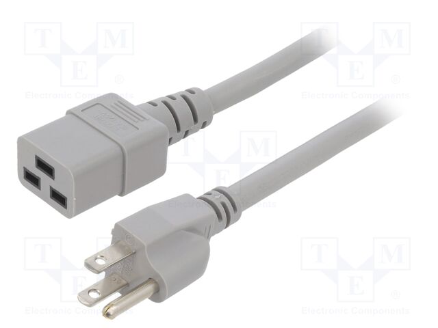Cable; IEC C19 female,NEMA 5-15 (B) plug; PVC; 1.8m; grey; 15A