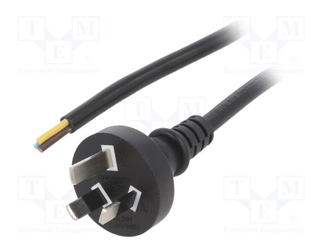 Cable; AS/NZS 3112 (I) plug,wires; PVC; 5m; black; 3x1mm2; 10A