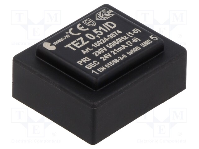 Transformer: encapsulated; 0.51VA; 230VAC; 24V; PCB; IP00; 44g; TEZ