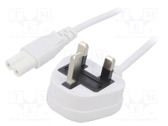 Cable; 2x0.75mm2; BS 1363 (G) plug,IEC C7 female; PVC; 1m; white