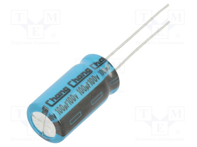 Capacitor: electrolytic; THT; 100uF; 100VDC; Ø10x20mm; Pitch: 5mm