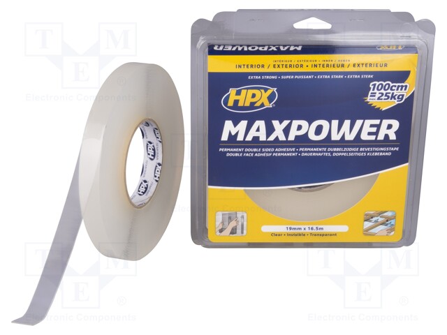 Tape: fixing; W: 19mm; L: 16.5m; D: 1mm; V: double-sided; acrylic