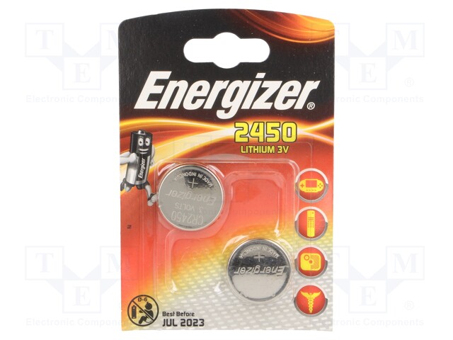 Battery: lithium; 3V; CR2450,coin; Batt.no: 2; Ø24.5x5mm; 620mAh