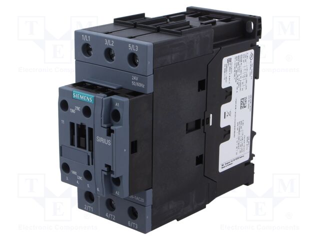 Relay Contactor, 3RT2 Series, 3PST-NO, 3P, 24 A, 22 kW, 690 VAC