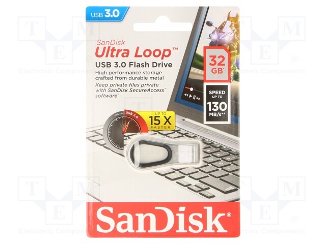 Pendrive; USB 3.0; 32GB; 130MB/s; USB A; ULTRA LOOP; Colour: silver