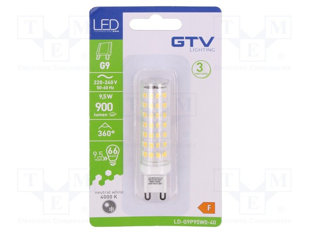 LED lamp; neutral white; G9; 230VAC; 900lm; 9.5W; 360°; 4000K