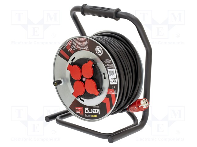 Extension lead; reel; Sockets: 4; rubber; black; 3x2,5mm2; 50m; 16A