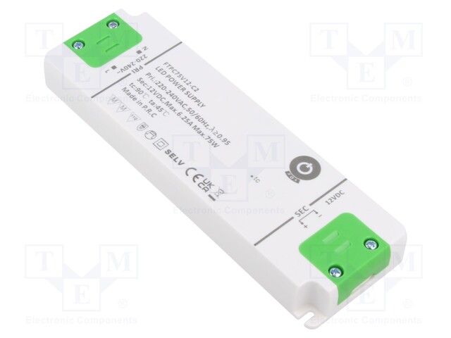 Power supply: switched-mode; LED; 75W; 12VDC; 6.25A; 198÷264VAC