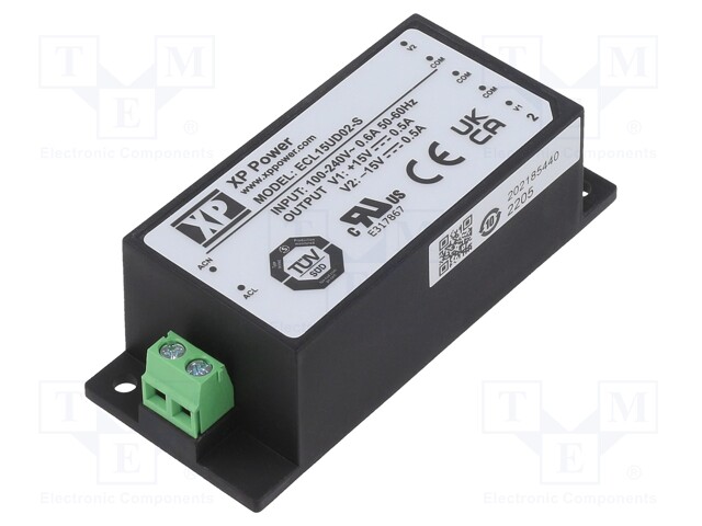AC/DC Enclosed Power Supply (PSU), ITE, 2 Outputs, 7.5 W, 15 V, 500 mA, -15 V