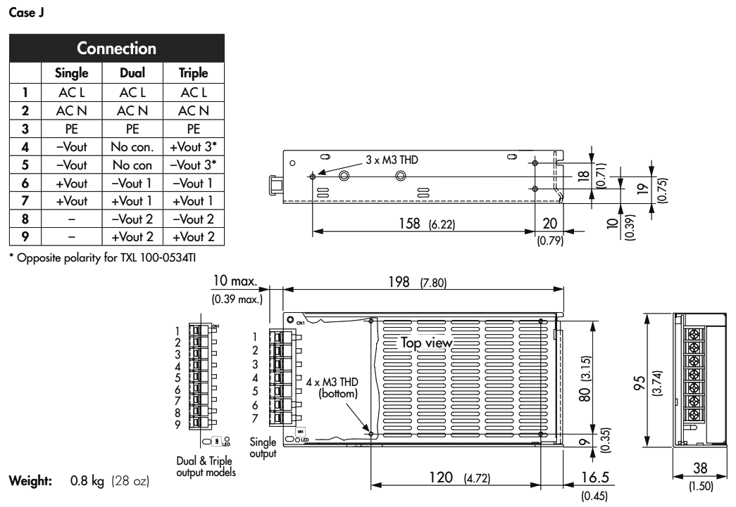 Power supply: switched-mode; modular; 76W; 3.3VDC; 198x95x38mm