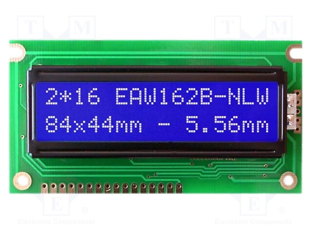 Display: LCD; alphanumeric; STN Negative; 16x2; blue; 84x44mm; LED