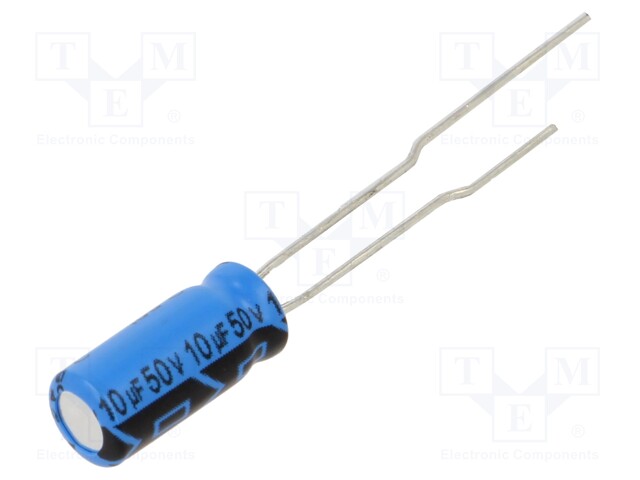 Capacitor: electrolytic; THT; 10uF; 50VDC; Pitch: 2mm; ±20%; 2000h
