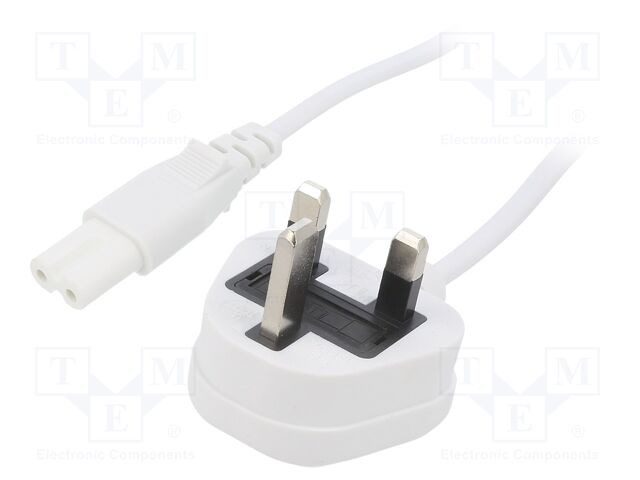 Cable; 2x0.75mm2; BS 1363 (G) plug,IEC C7 female; PVC; 1.8m; 3A