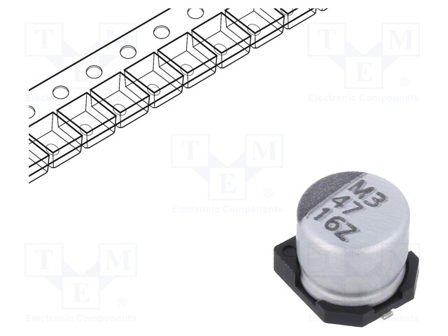 Capacitor: electrolytic; SMD; 47uF; 16VDC; Ø6.3x5.7mm; ±20%