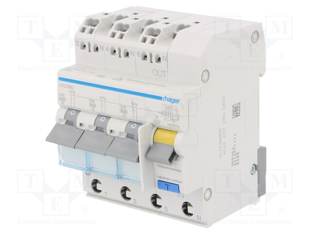 RCBO breaker; Inom: 16A; Ires: 30mA; Max surge current: 250A; DIN