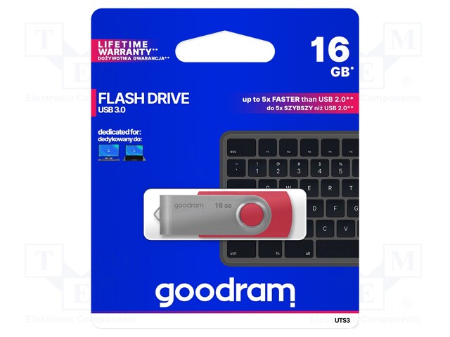 Pendrive; USB 3.0; 16GB; Read: 110MB/s; Write: 20MB/s; Colour: red