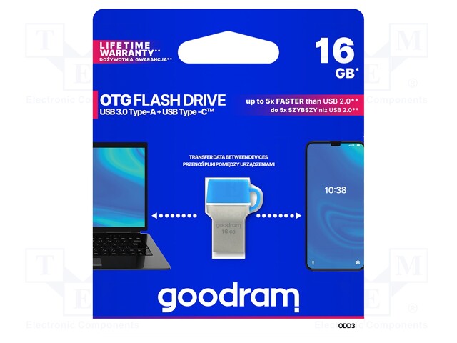 Pendrive; USB 3.0; 16GB; Read: 35MB/s; Write: 10MB/s; Colour: blue