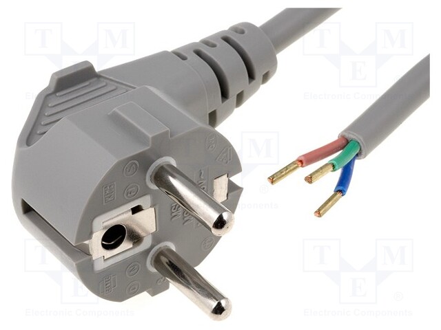 Cable; CEE 7/7 (E/F) plug angled,wires; 3m; grey; PVC; 3x1,5mm2