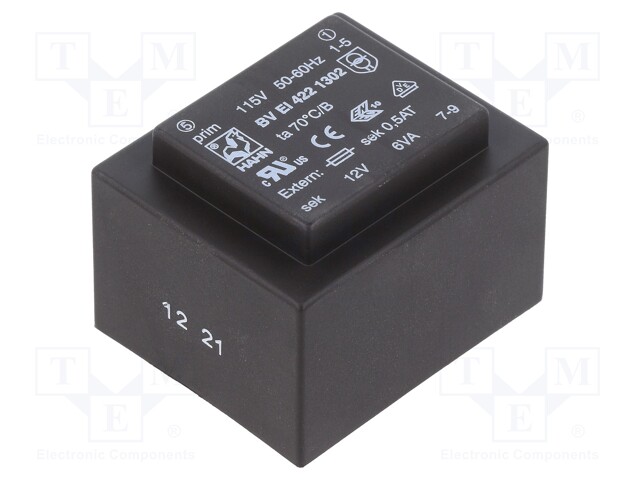 Transformer: encapsulated; 6VA; 115VAC; 12V; 500mA; Mounting: PCB