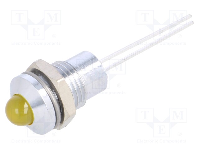 Indicator: LED; prominent; yellow; 2.1VDC; Ø8mm; 2pin; metal