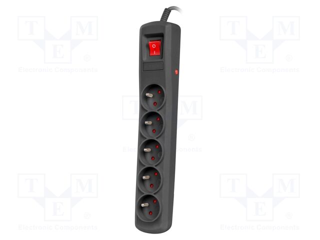 Plug socket strip: protective; Sockets: 5; 230VAC; 10A; black; 3m