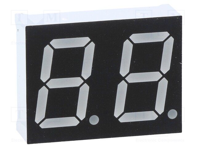 Display: LED; 7-segment; 14.2mm; 0.56"; No.char: 2; red; 25mcd; anode