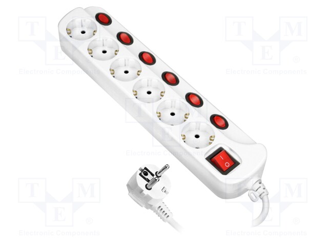 Plug socket strip: protective; Sockets: 6; 230VAC; 10A; white; 1.5m
