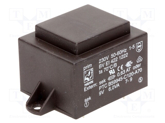 Transformer: encapsulated; 6VA; 230VAC; 9V; 667mA; Mounting: PCB