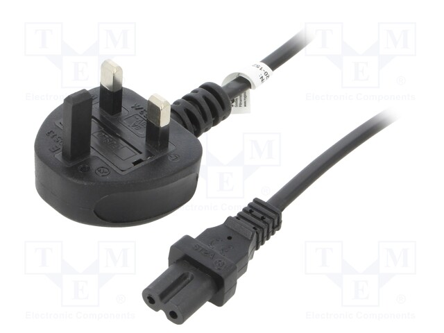 Cable; BS 1363 (G) plug 90°,IEC C7 female; PVC; 1.5m; black; 2.5A