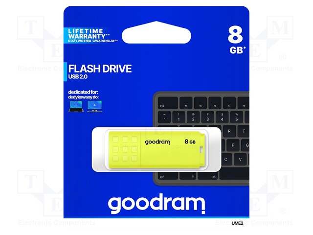 Pendrive; USB 2.0; 8GB; Read: 20MB/s; Write: 5MB/s; Colour: yellow