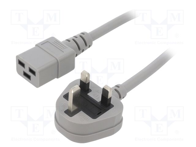 Cable; 3x1.5mm2; BS 1363 (G) plug,IEC C19 female; PVC; 1.5m; grey