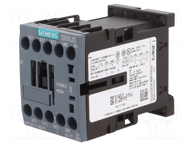 Contactor: 3-pole; NO x3; Auxiliary contacts: NC; 24VDC; 12A; 3RT20