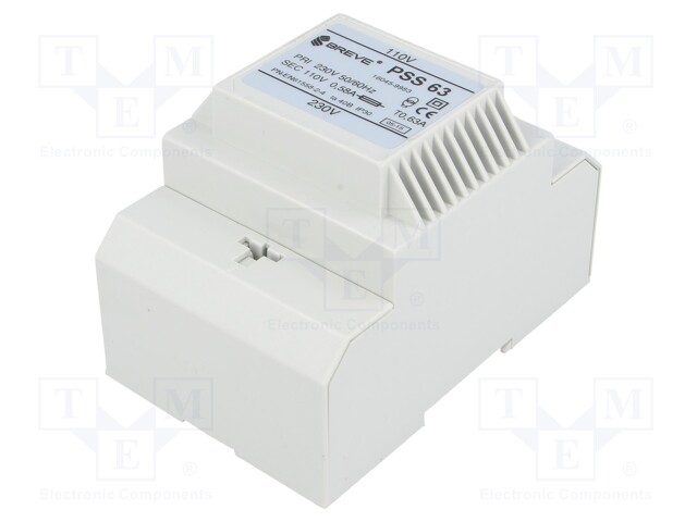 Transformer: safety; 63VA; 230VAC; 110V; IP30; Mounting: DIN; 1.1kg