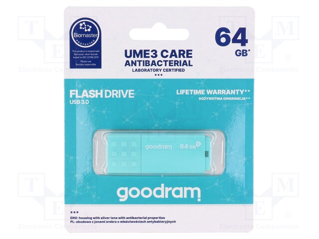 Pendrive; USB 3.0; 64GB; Read: 60MB/s; Write: 20MB/s; Colour: mint