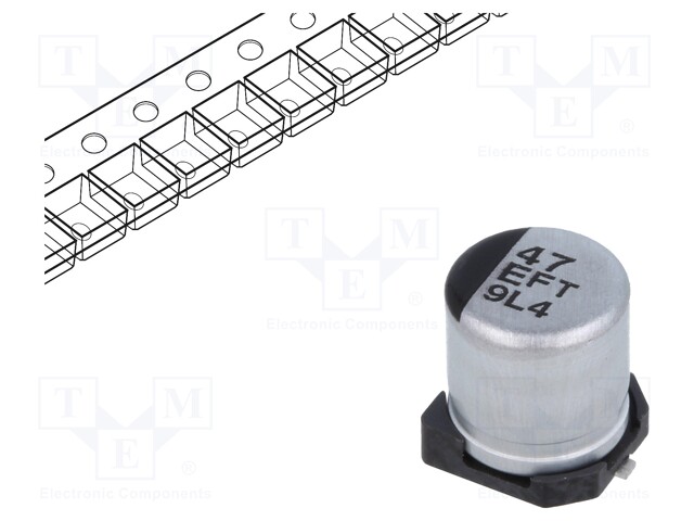 Capacitor: electrolytic; low impedance; 47uF; 25VDC; Case: C; FT