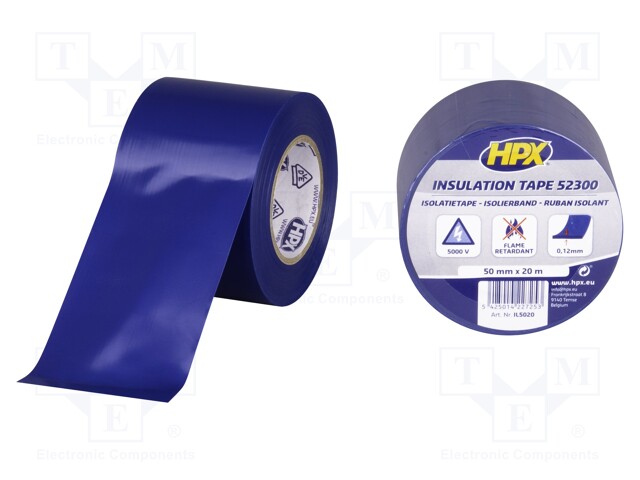 Tape: electrical insulating; W: 50mm; L: 20m; Thk: 0.12mm; blue; 5kV