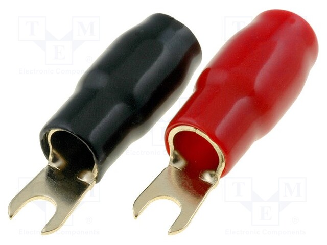 Terminal: fork; M4; 16mm2; gold-plated; insulated; red and black