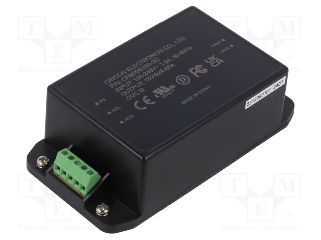 Power supply: switched-mode; 70W; 15VDC; 4.65A; 80÷264VAC; 4.25kV