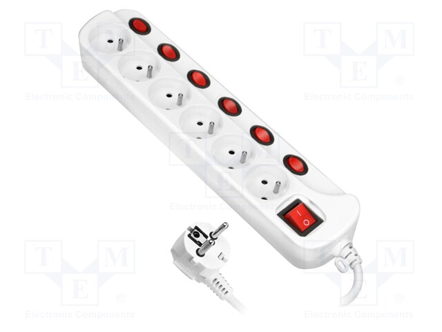 Plug socket strip: protective; Sockets: 6; 230VAC; 10A; white; 1.5m