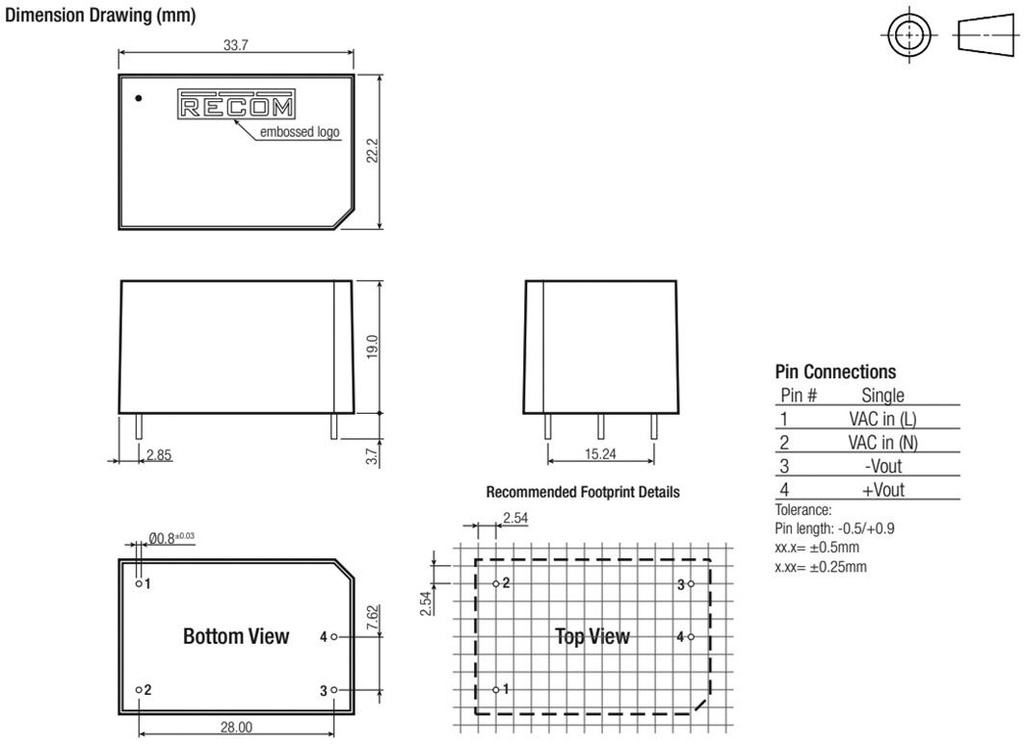 Converter: AC/DC; 1W; Uout: 24VDC; Iout: 42mA; 63%; Mounting: PCB